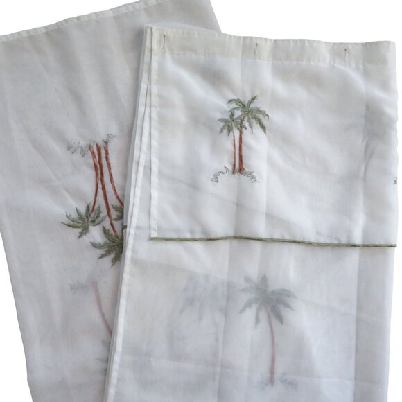 Vintage Semi Sheer Fabric Shower Curtain Valance Embroidered Tropical Palm Trees - Picture 2 of 8